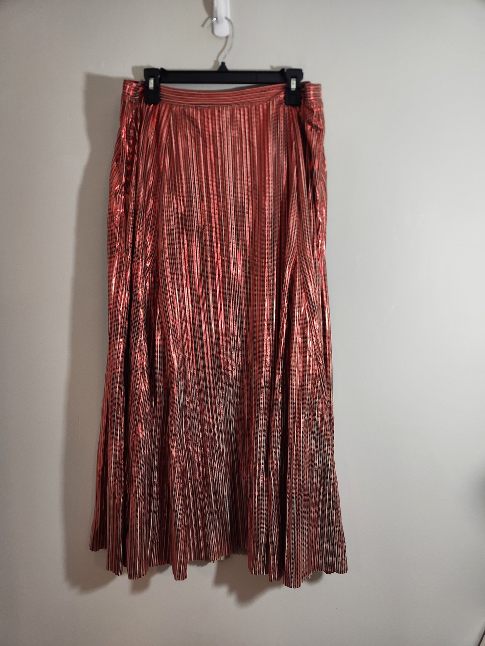 Anthropologie Metallic Red-Orange Copper Pleated A-Line Skirt Midi Maxi Shiny